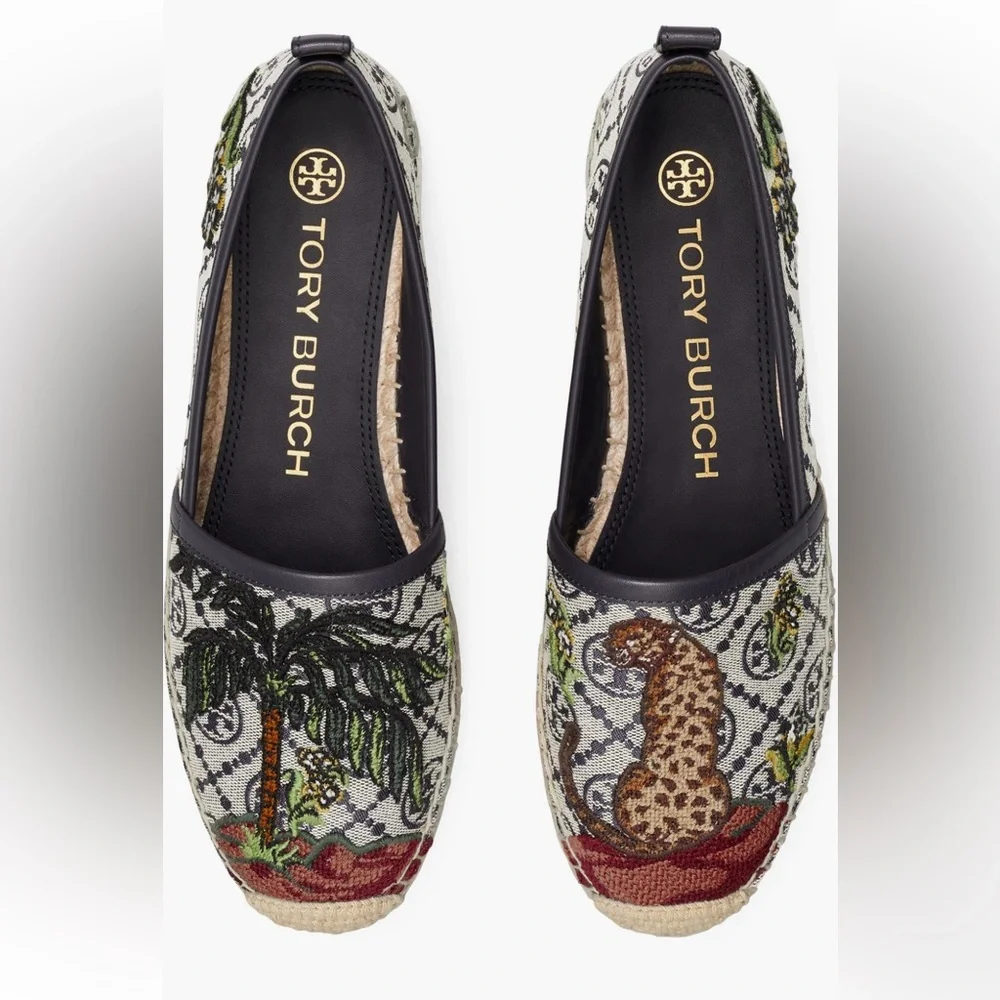 NIB Tory Burch T Monogram Platform Espadrille Cheetah Needlepoint Navy Size 7.5 - Picture 1 of 3